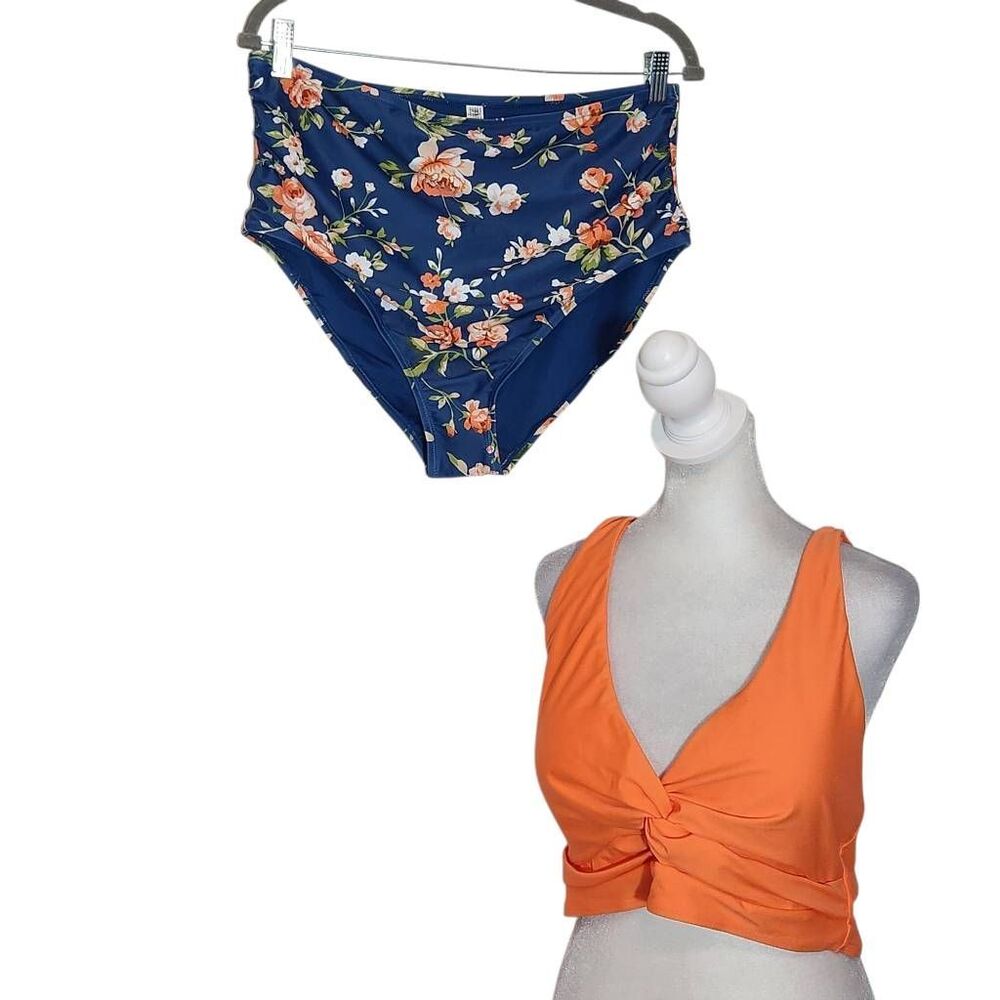 Tempt Me Orange and Blue Floral Bikini with High Waist Bottoms NWT Size XXL
